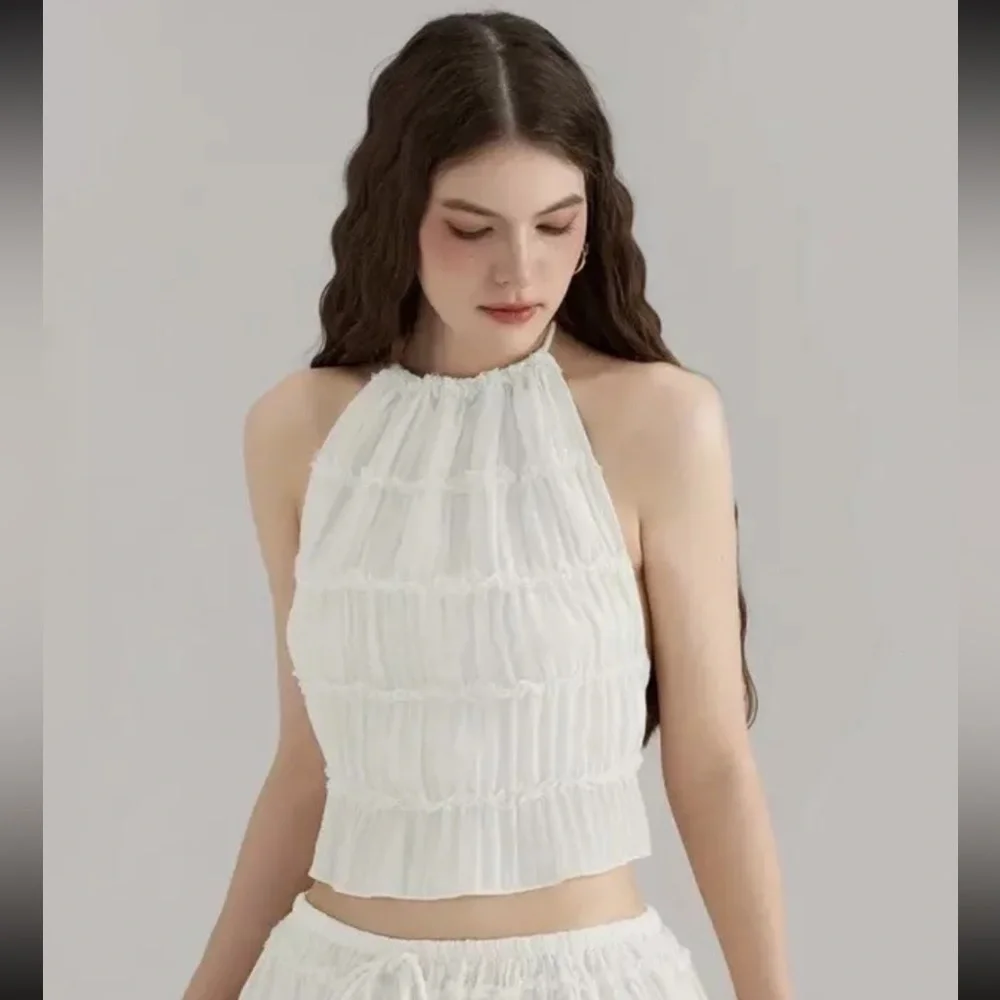 Women's Lightweight Breathable White Lace Backless Sleeveless Top & Skirt M - Picture 4 of 6